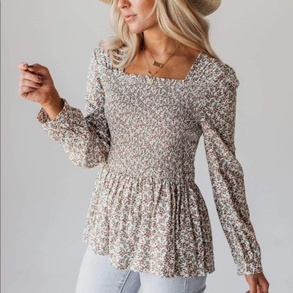 Lucy Avenue Tops - Lucy Avenue Ditsy Floral Smocked Bodice Peplum Blouse Ivory/Pink
